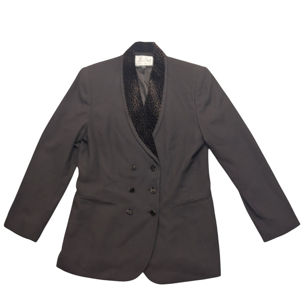 Le Suit Blazer Women 12 Brown Double Breasted Leopard Print Velvet Shawl Collar